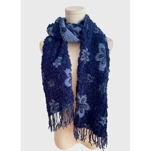 Y2K Floral Scarf‎  Blue Knit Textured Weave Artsy Colorful Cozy Cottagecore